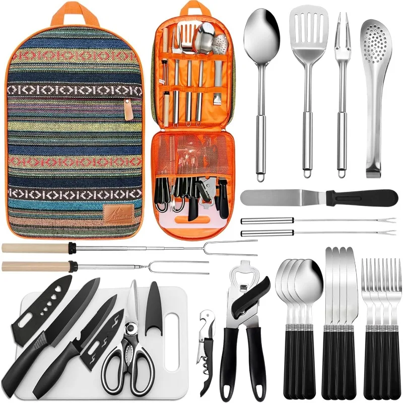 

Portable Camping Kitchen Utensil Set-27 Piece Cookware Kit, Stainless Steel Outdoor Cooking and Grilling Utensil Organizer