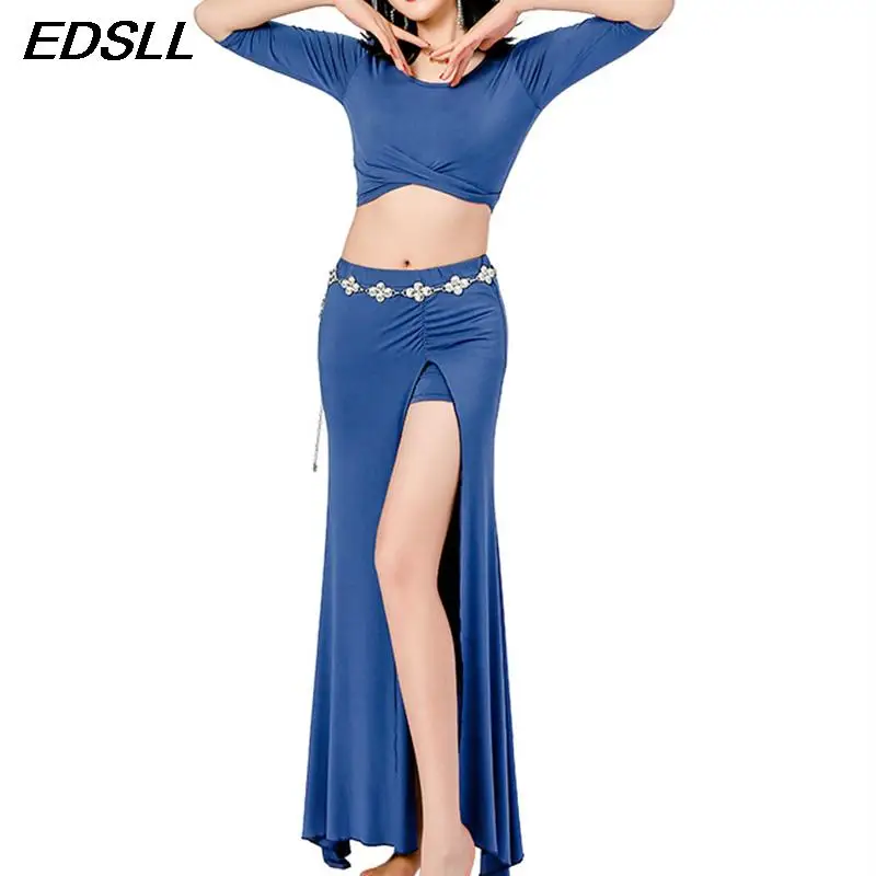 

High Quality Women Short Sleeve Top+Sexy Split Long Skirt Adult Fashion Bellydance Dance Performance Show Clothing Goddess Set