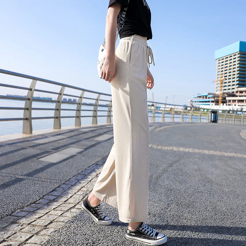 Female Versatile Fashion Trend Ice Silk Wide Leg Pants Women'S Summer Wear New Korean Loose Knit Straight Casual Trousers