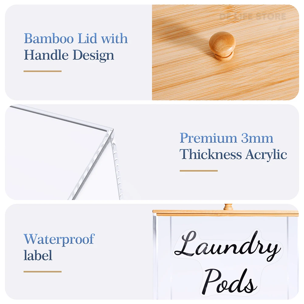 Laundry Pods Container Acrylic Washing Capsule Storage Box With Bamboo Lid Dryer Sheet Holder Laundry Room Organizer 3