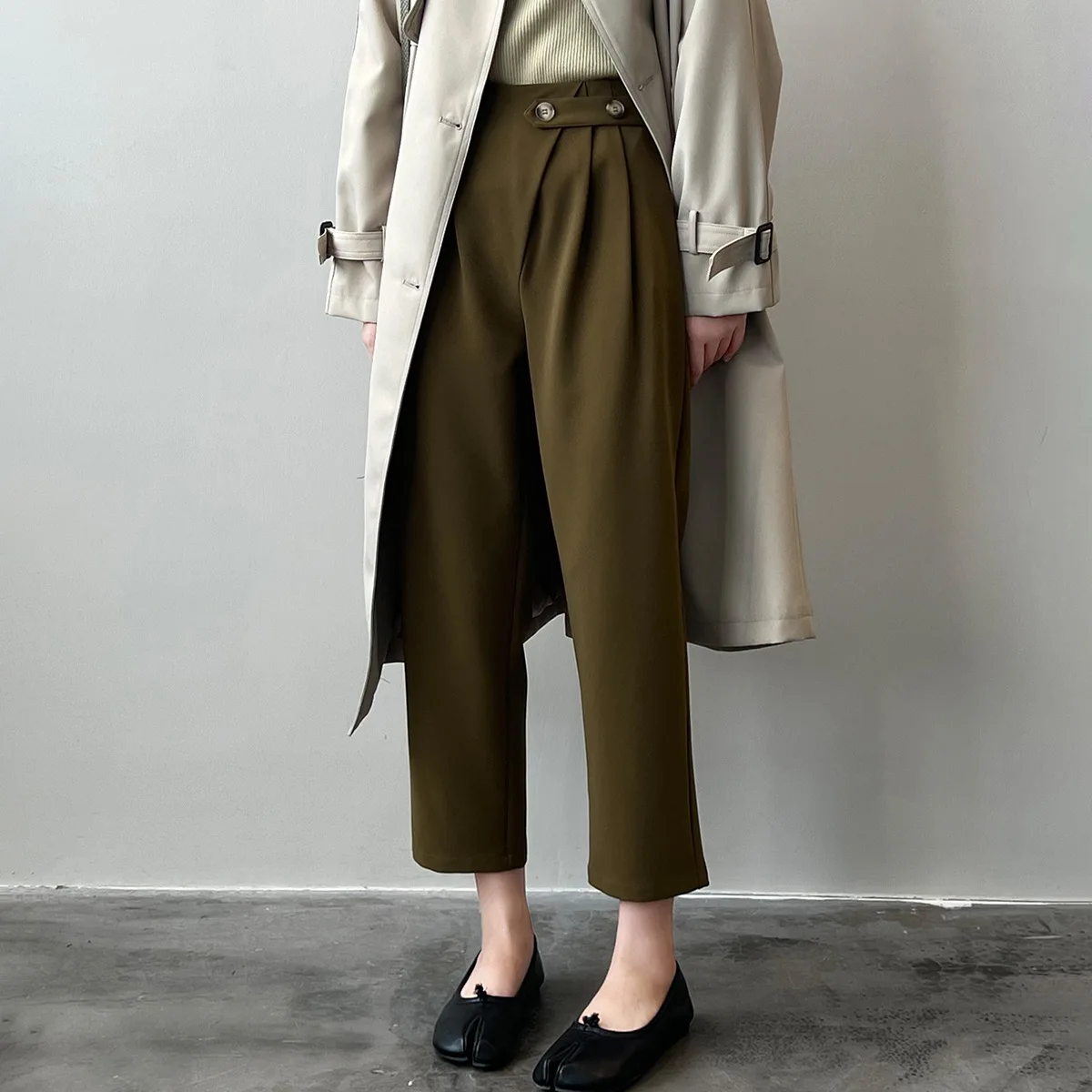 

Mustard Green Harem Pants Women Autumn Office Wear Ankle-Length Suit Pants Loose High Waist Pleated Trousers Army Green Pants