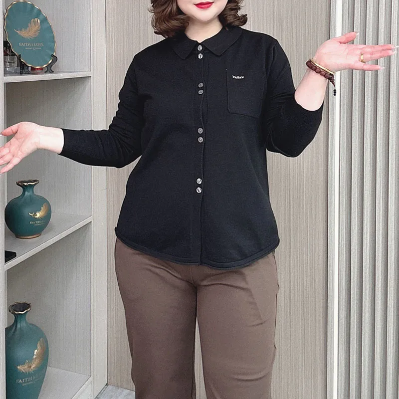 2024 Autumn Winter New Lapel Knitted Cardigan Women Plus Size Loose Jumpers Casual Embroidered Pocket Sweater 4045