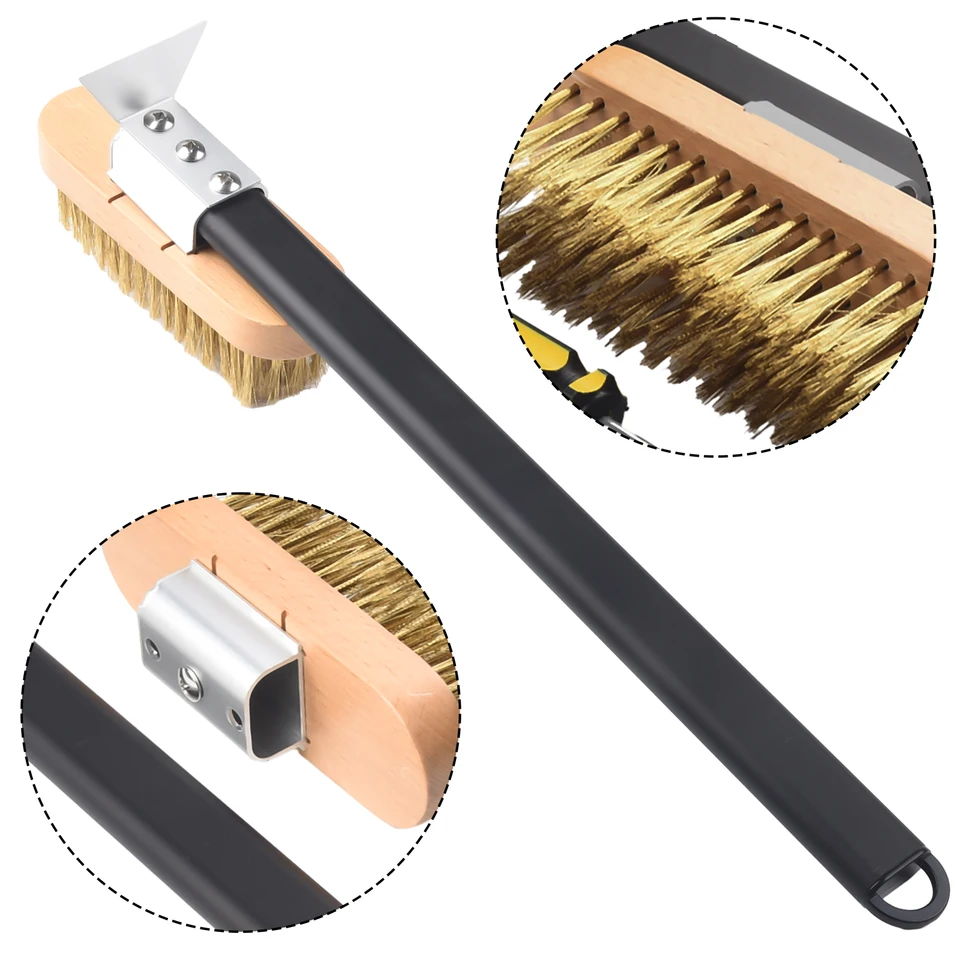 Brosse Four à Pizza Avec Grattoir - Manche 55,5cm - Laiton - Pour Fours Extérieurs Et Intérieurs