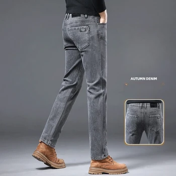 Autumn Winter Black Grey Thick  Jeans Men's  Business Slim Fit Straight Casual  Pants  Trousers High-quality Men's Long Trousers