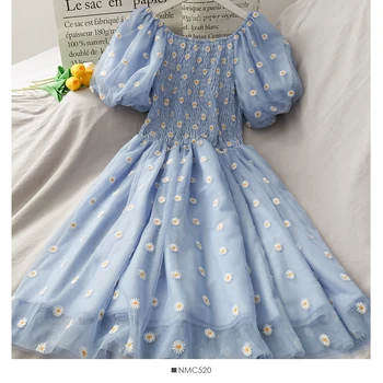 French Daisy Puff Sleeve Dress Embroidery Dress French Vintage Dress,Fairy Dress,Nap Dress,Victorian Dress,Cottagecore Prom Chic Dress,Summer Dress 3