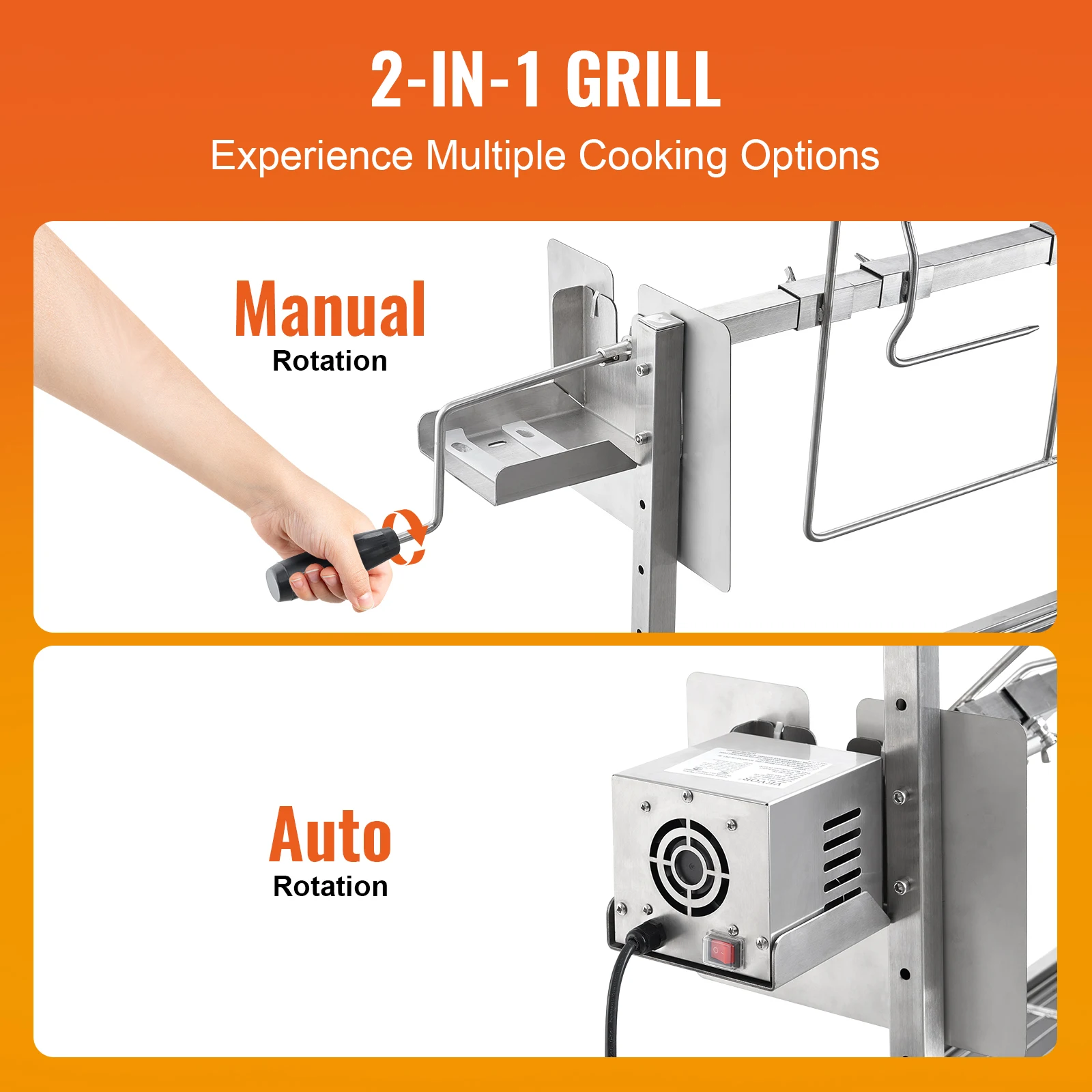 VEVOR 35inch Rotisserie Grill Electric Motor Charcoal Spit Grill Stainless Steel Roaster w/Lockable Wheels for Camping Outdoor 4