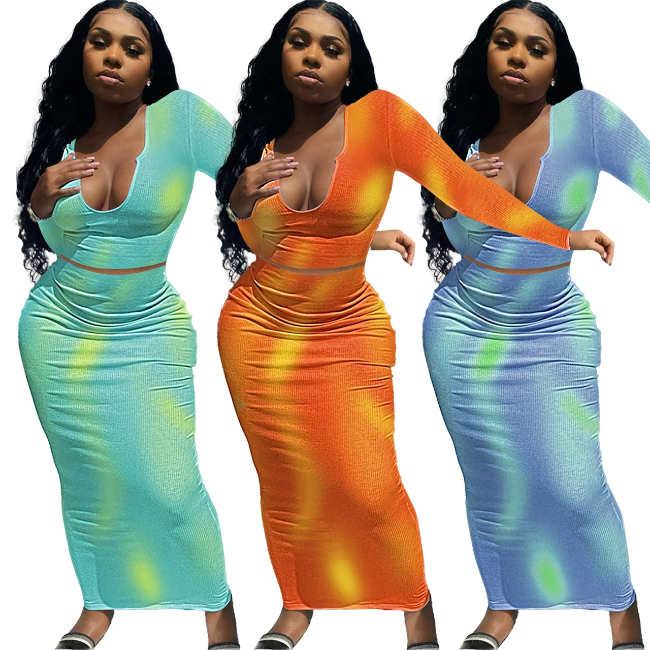 

Women Dress Summer 2023 Swimwear Cover Up Bath Exits Swim For Beach Tunic Sexy U Neck Long Sleeved Tie Dyed Half Skirt Two Piece