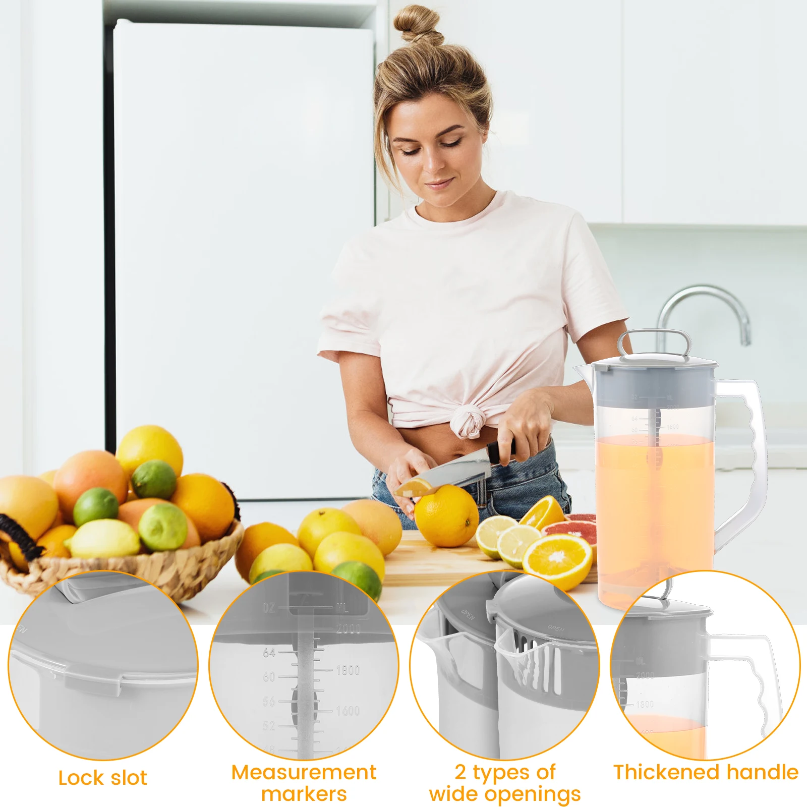 Mixing Pitcher for Drinks 2000ml Mixing Water Pitcher with Lid Sealing Wide Mouth Juice Container for Juice Tea Milk