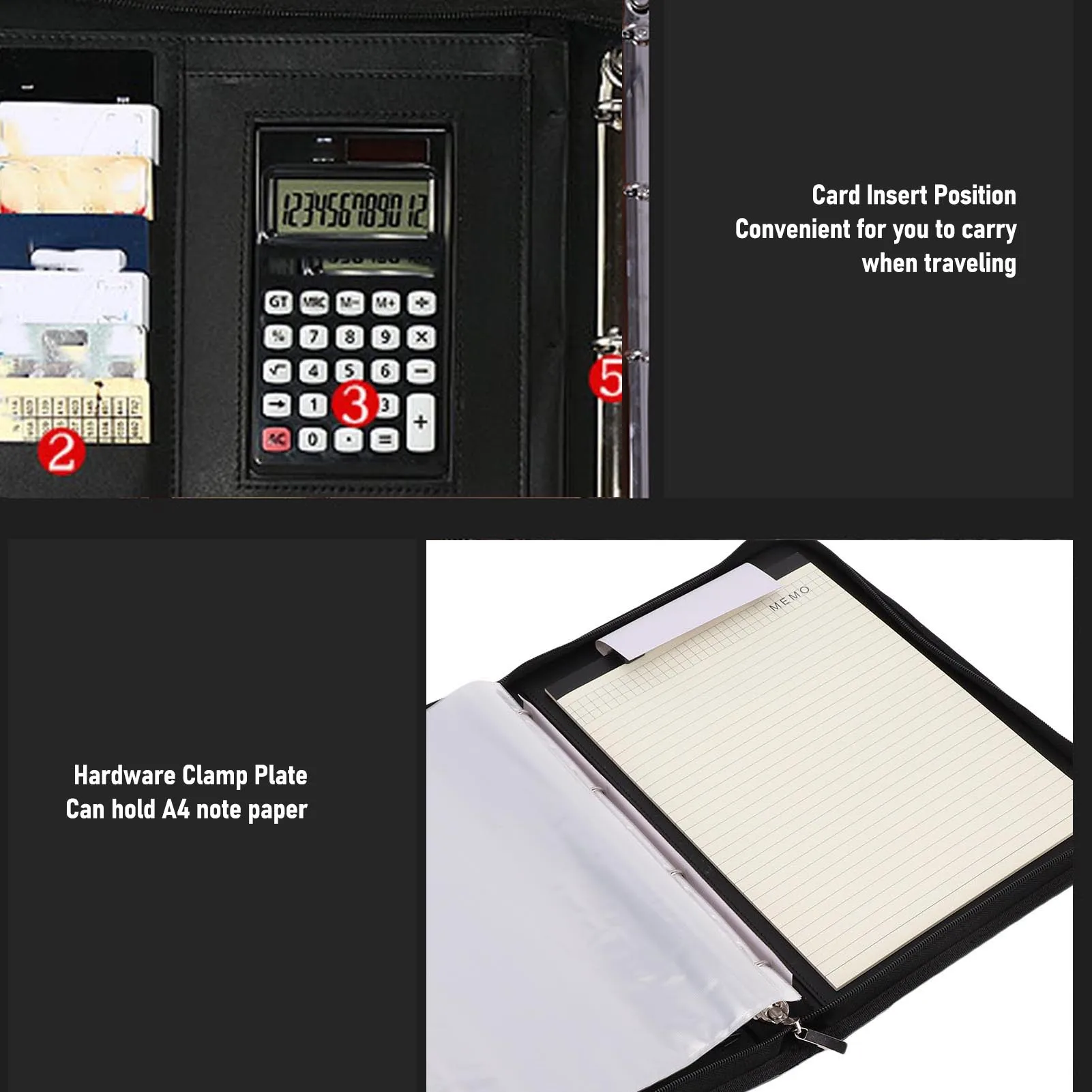 PU Leather Portfolio with Zipper 10 File Pockets 30 Sheets Notebook 4 Rings Binder A4 Document Organizer 10.1 Inch Tablet Cover