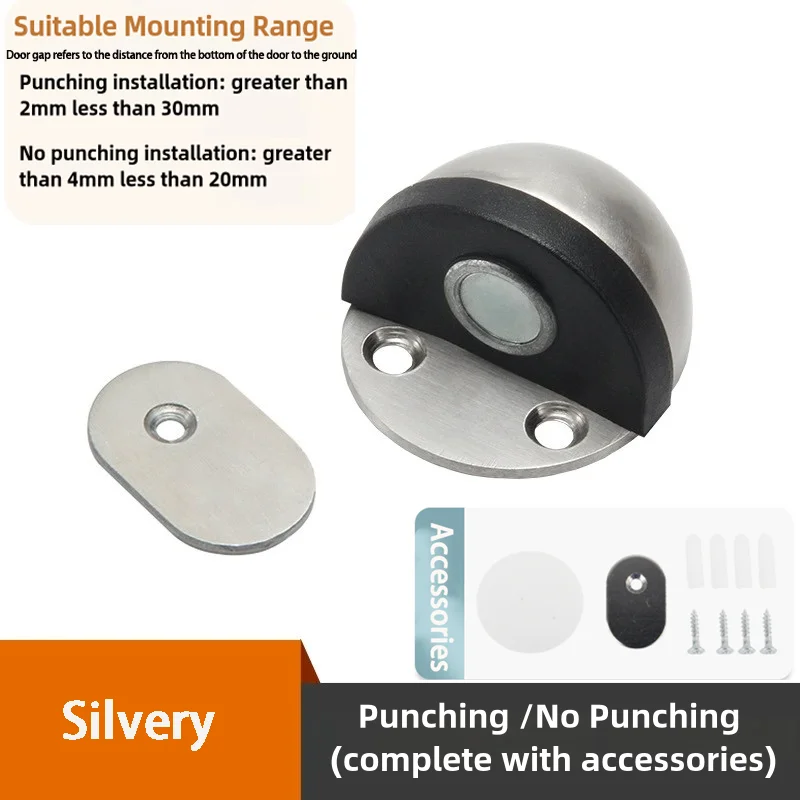 1PC Stainless Steel Magnetic Door Stopper Punch-free Door Touch Magnetic Suction Rubber Semi-circle Anti-collision Stops