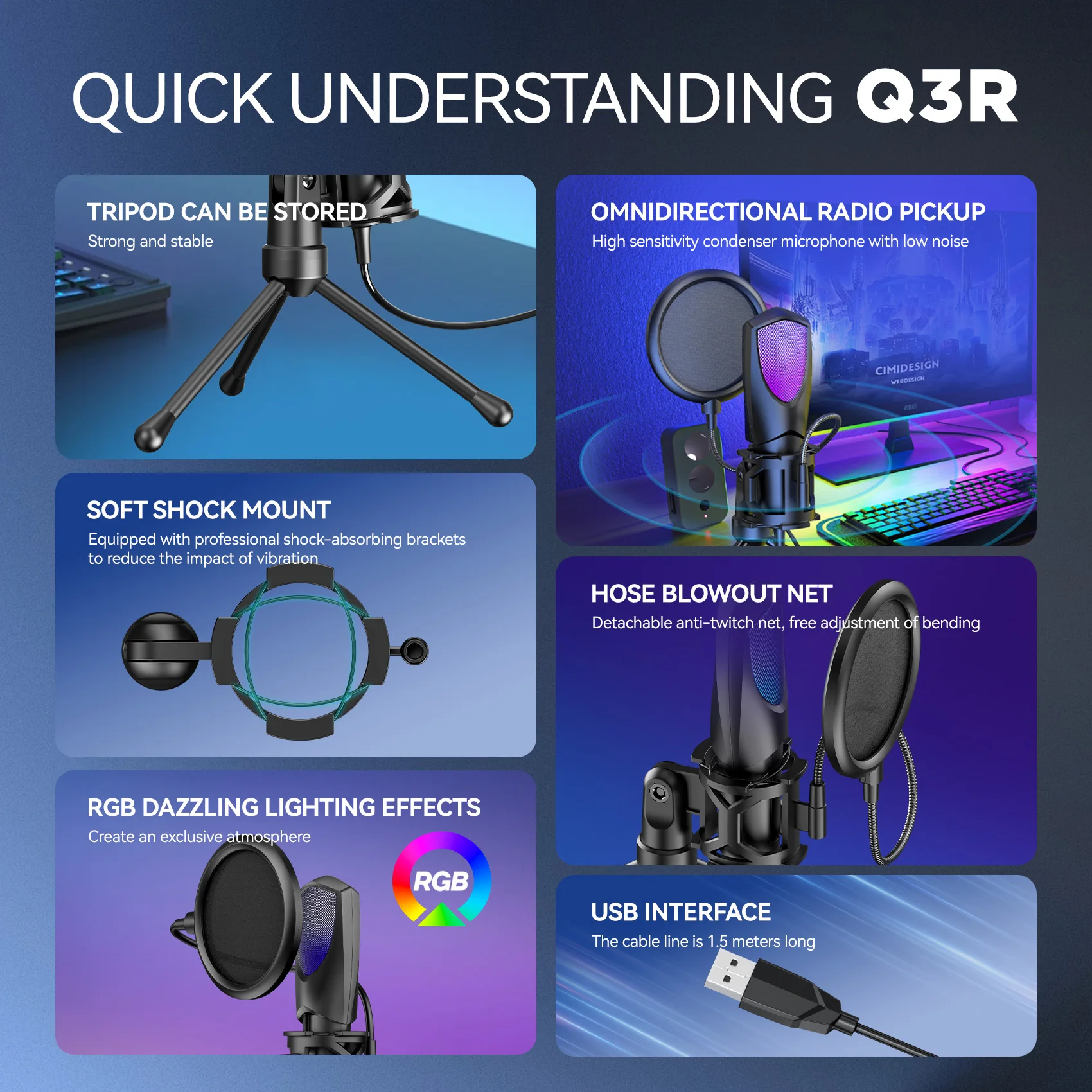 ميكروفون مكثف للألعاب RGB، مجموعة ميكروفون ألعاب U...