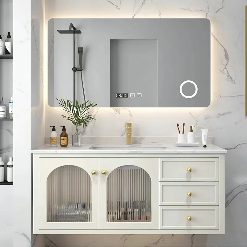Modern Luxury Wall Mounted Bathroom Vanity With LED Mirror Solid Wood Bathroom Cabinets