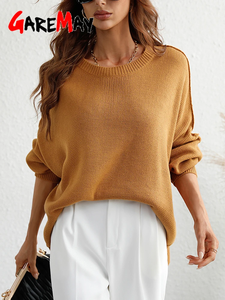 LOGENE Maglione da donna oversize a maniche lunghe a pipistrello girocollo con spacco laterale a costine, Albicocca scura, L