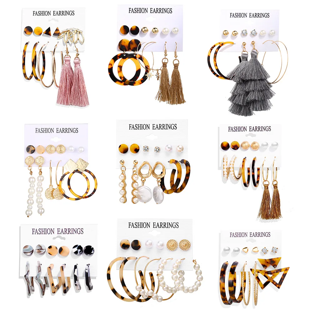 10Set/Lot Mix Bohemia Tassels Drop Earring Set For Women Acrylic Hoop Stud Earring Girls Boho Jewelry Wholesale