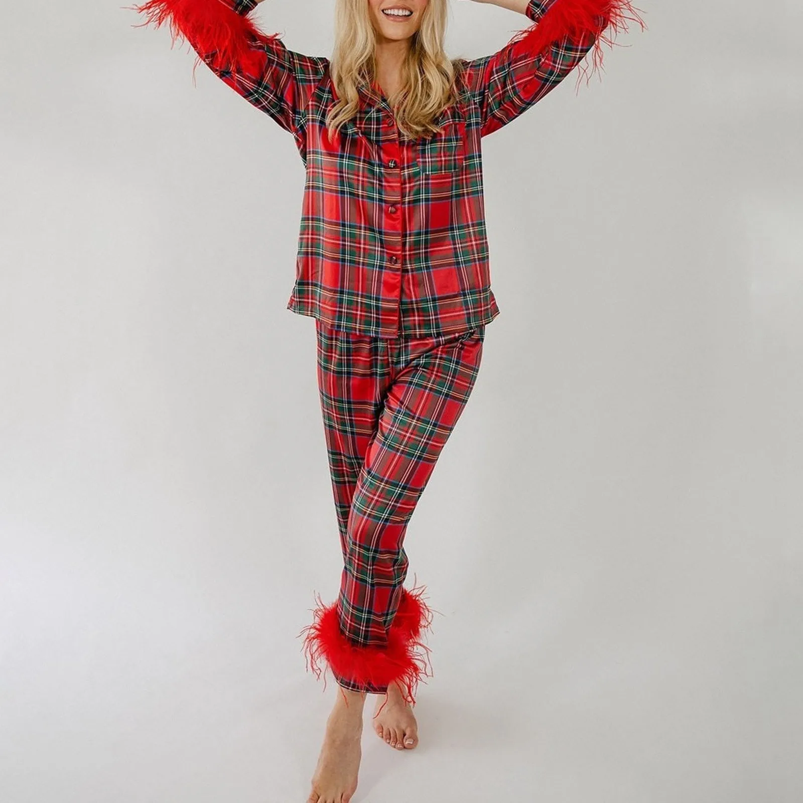

Женская рождественская Удобная Повседневная рубашка с длинным рукавом и отложным воротником, брюки, домашняя одежда, клетчатый пушистый пижамный комплект