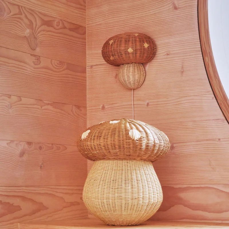 Nordic Style Children's Room Wall Lamp Handmade Rattan Mushroom Shape Wall Mounted Decor Lamp