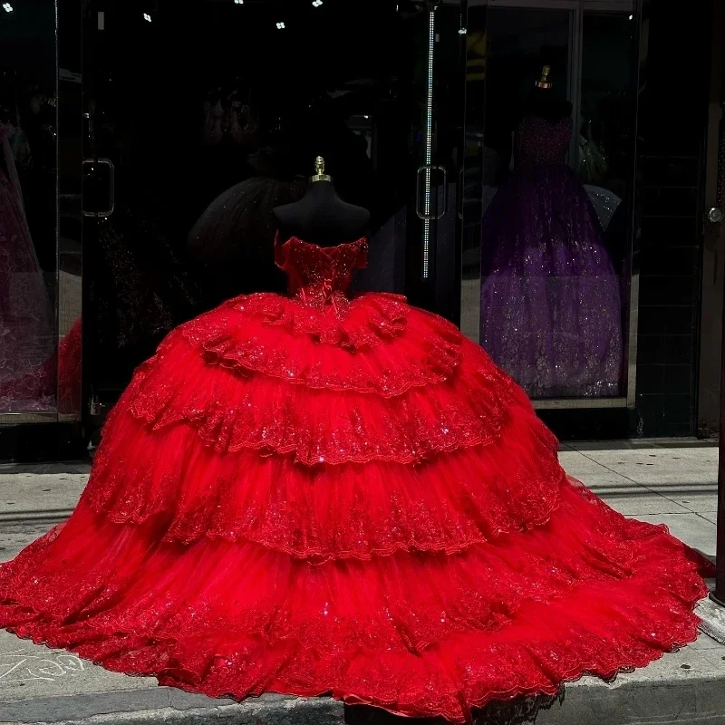 ANGELSBRIDEP Sparkly Tulle Red Ball Gown Quinceanera Dresses Sweet 16 Tiered Vestidos De Fiesta Birthday Party Dress