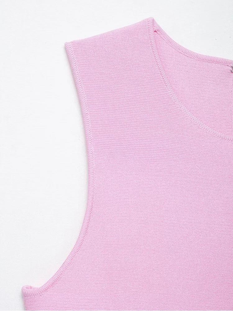 TFMLN Women French-style Bow Knit Top Round-neck Sleeveless Summer Fashion Slim-fit Elegant A Line Hem Lady Pink Tank Top