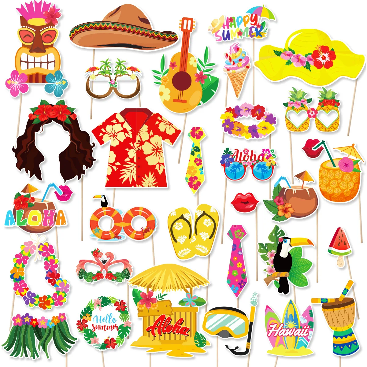 30pcs Luau Party Decorations Photo Booth Props Kit Hawaiian Themed Party Decorations Luau Photo Booth Props Supply
