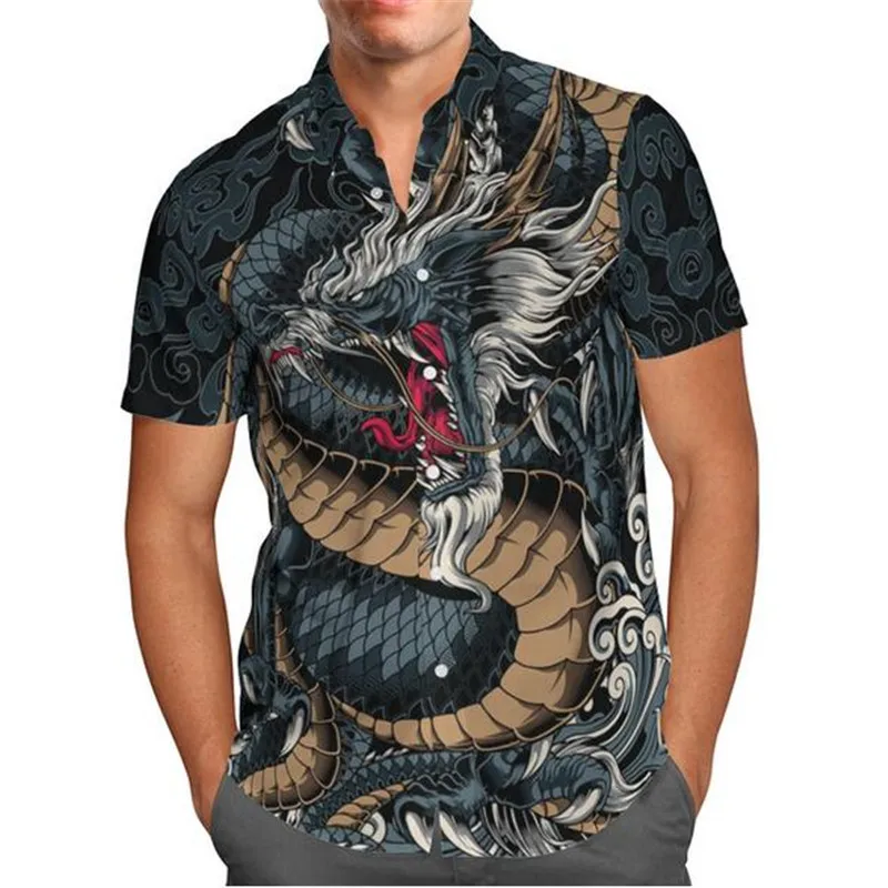 

2023 New Men's Casual Tops Short-Sleeved Shirts Fashionable Breathable Hawaiian Tattoo Dragon Pattern Men's Clothing