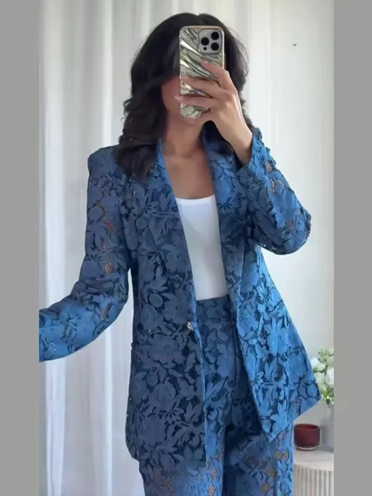 Women Lace Pants 2 Piece Set Fashion Sheer Lapel Long Sleeve Blazer Straight Pants 2025 Elegant Chic Commute Women's Suit ﻿