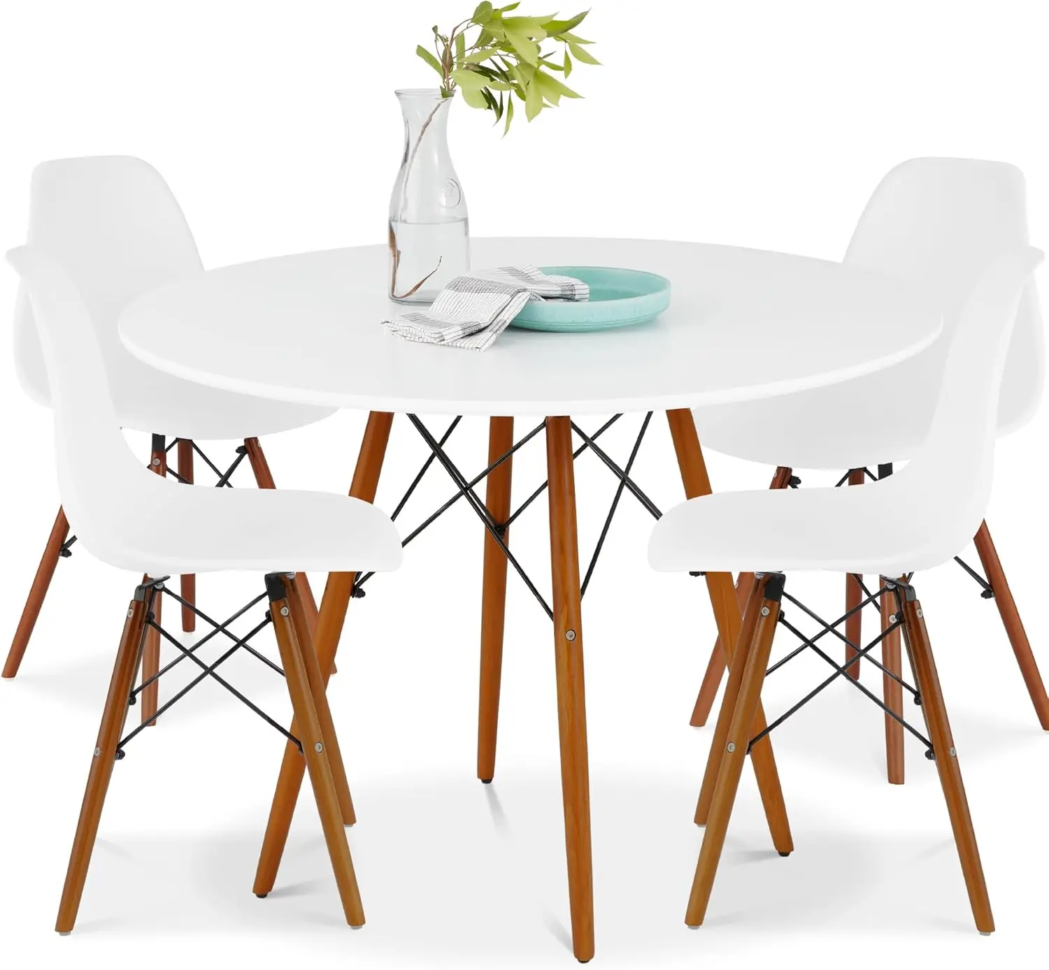 5-Piece Dining Set Compact Mid-Century Modern Table Chair Set for Home, Apartment w/ 4 Chairs Plastic Seats Wooden Legs
