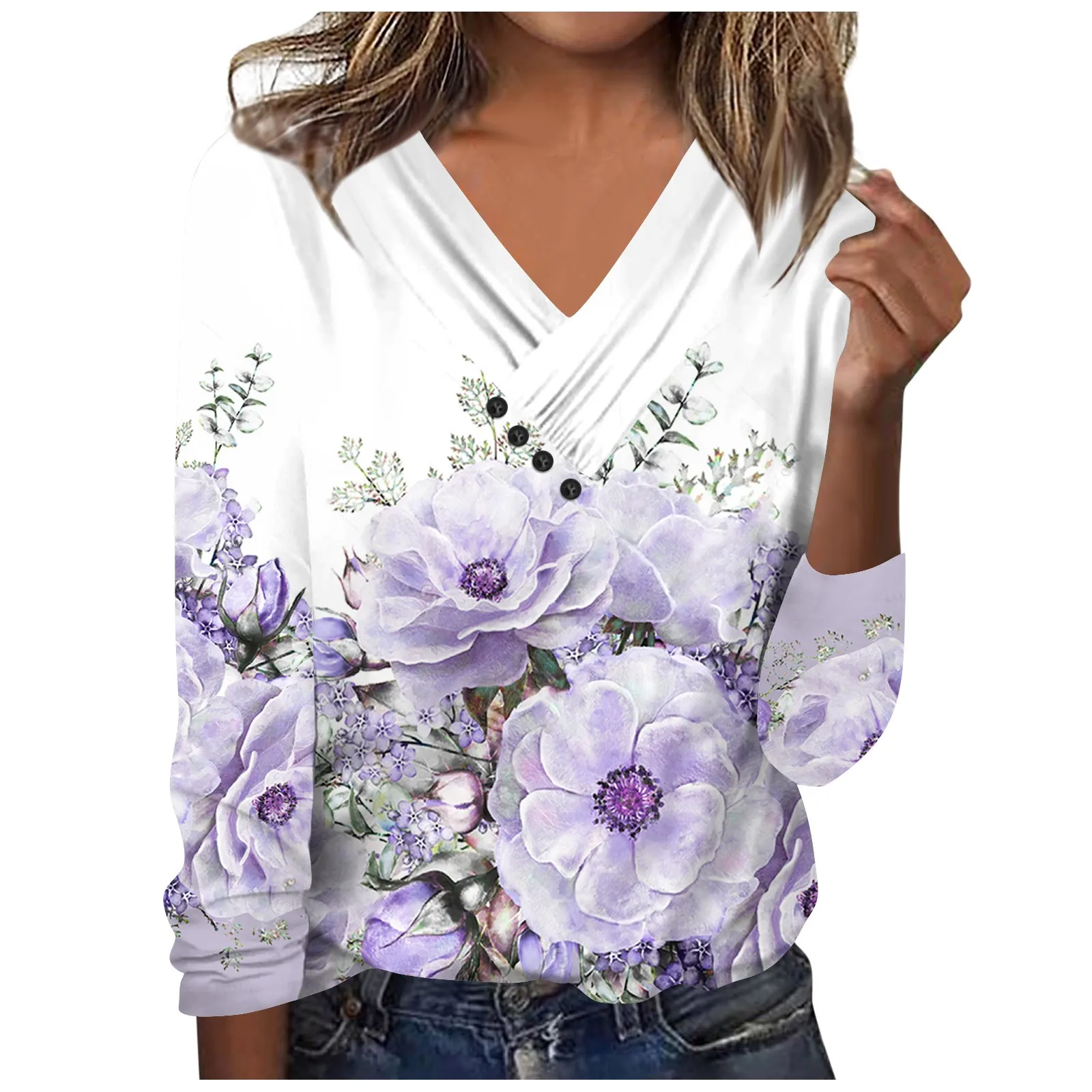 

Women's V-neck Button Foral Print T-Shirt Casual Mercerized Cotton Jacquard Long Sleeved Loose Fitting Top Autumn and Winter New
