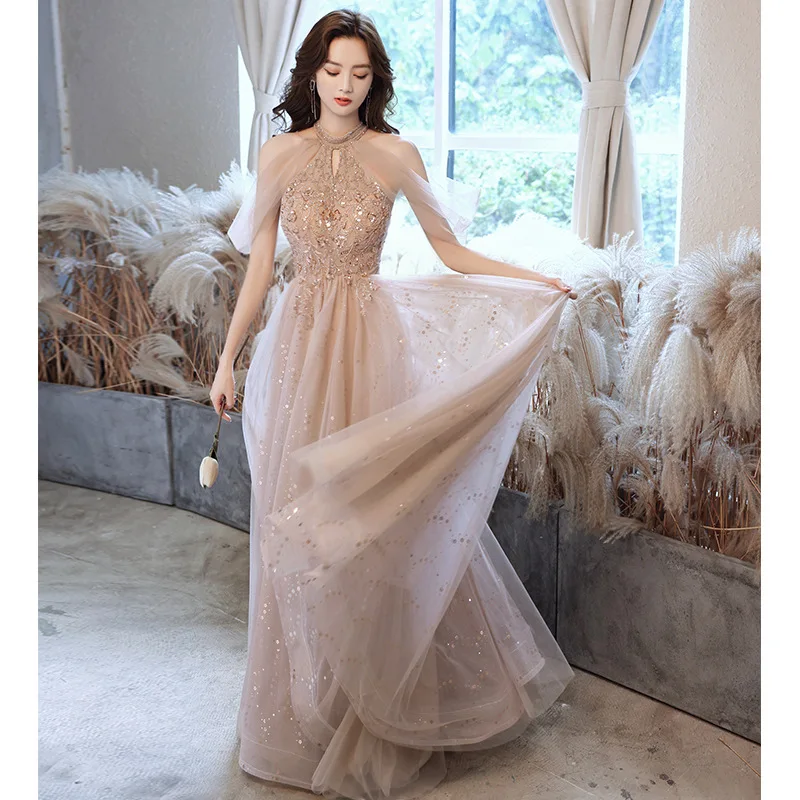 

Elegant Halter Evening Dresses Champagne Sequin Tulle Floor-length Robe De Soiree New A Line Vestido Longo Festa Custom Made