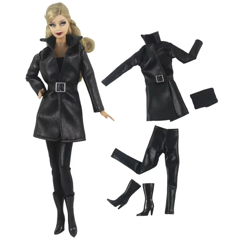 

Black Leather 11.5" Doll Outfit Set for Barbie Clothes Long Coat Jacket Pants Boots 1/6 Accessories for Barbie Dolls Clothes Toy