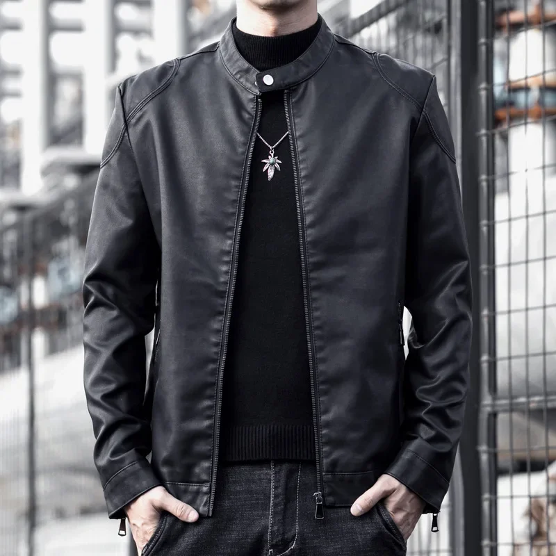 

2023 Men's Autumn and Winter Leather Clothing Machine Leather Motorcycle Slim Handsome Stand-up Collar Leather Clothing