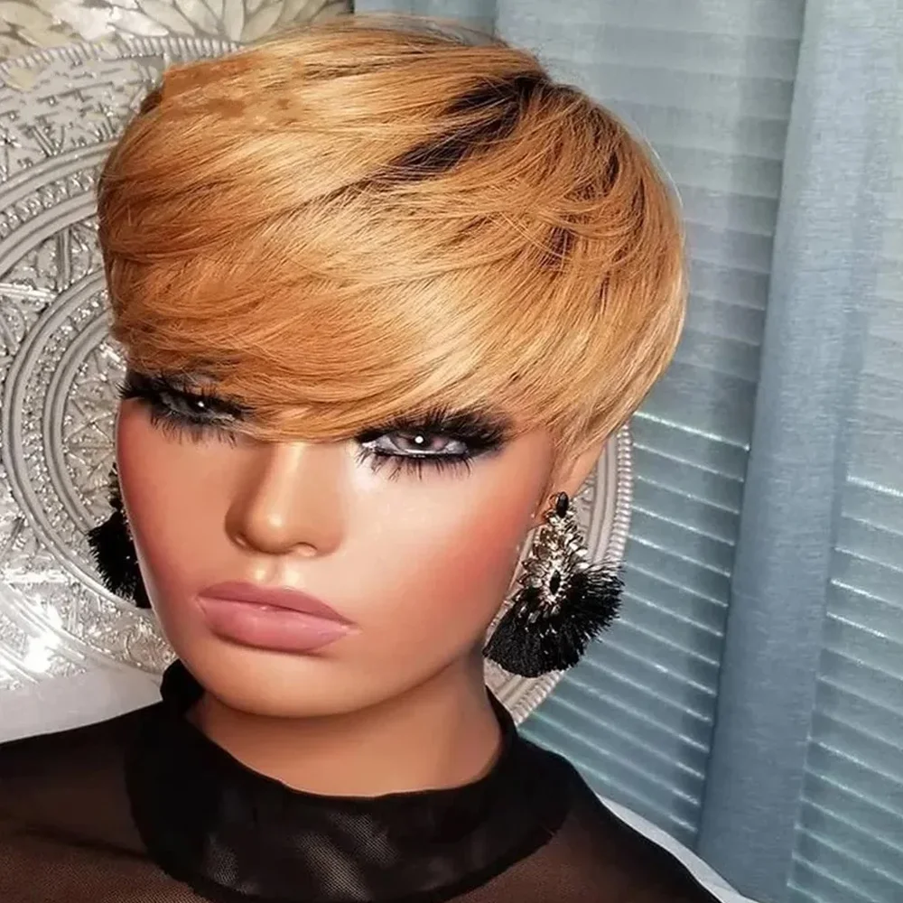 Ombre T1B/27 Human Hair Short Wigs Black Women Straight Bob Pixie Honey Blonde Brazilian No Lace Front Wig With Bang human hair wigs