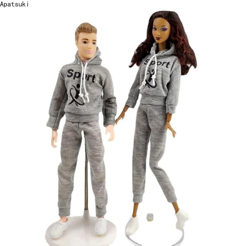 Grey Couple Lover Sports Wear Doll Clothes Set For Barbie Outfits For Ken Boy Doll 1/6 Hoodies Coat Trousers Pants Shoes Toys