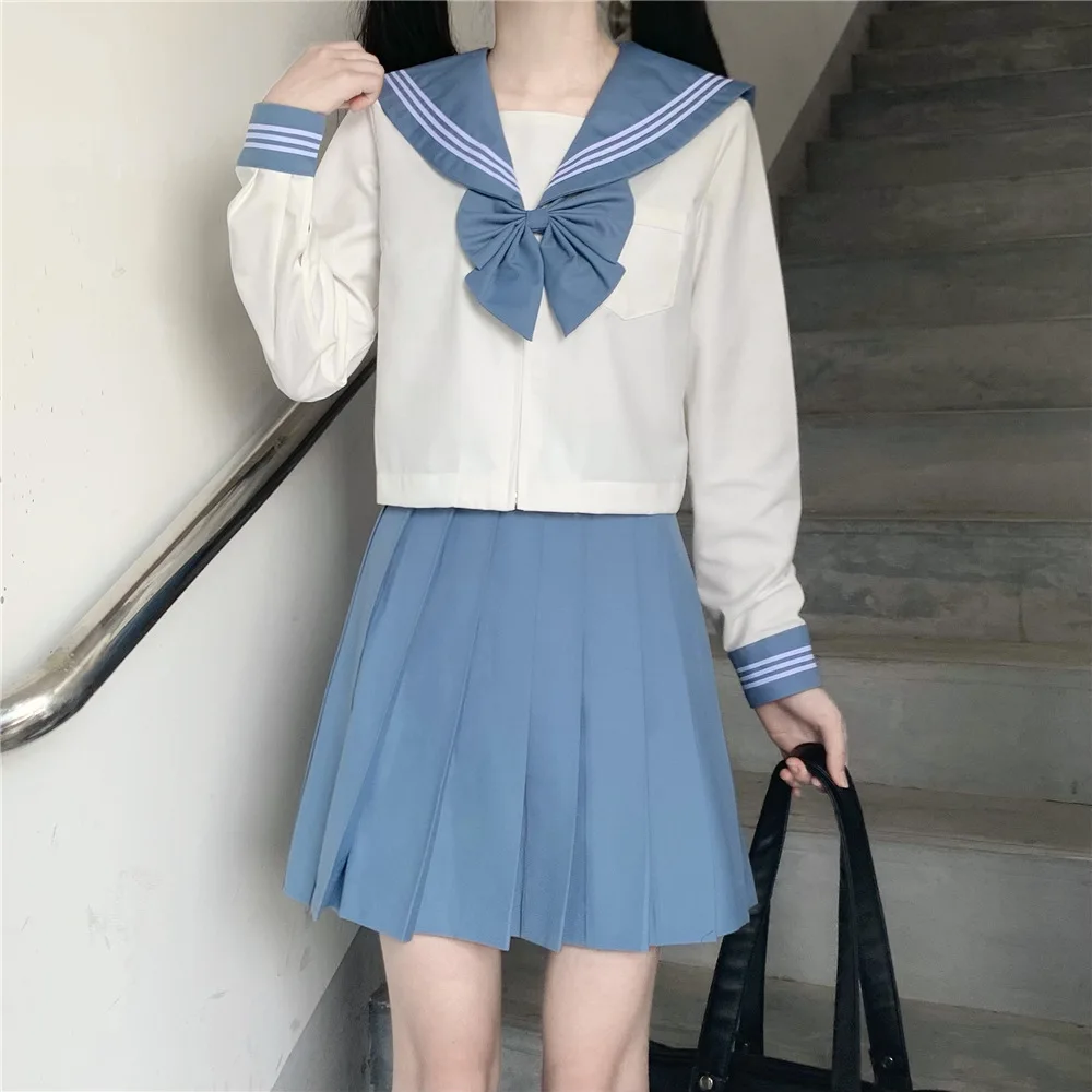 Japanese Korean Style Cute Blue Sailor Set Women Seifuku Student JK Uniform Sailor Suit Cosplay Costumes Girls Pleated Skirt
