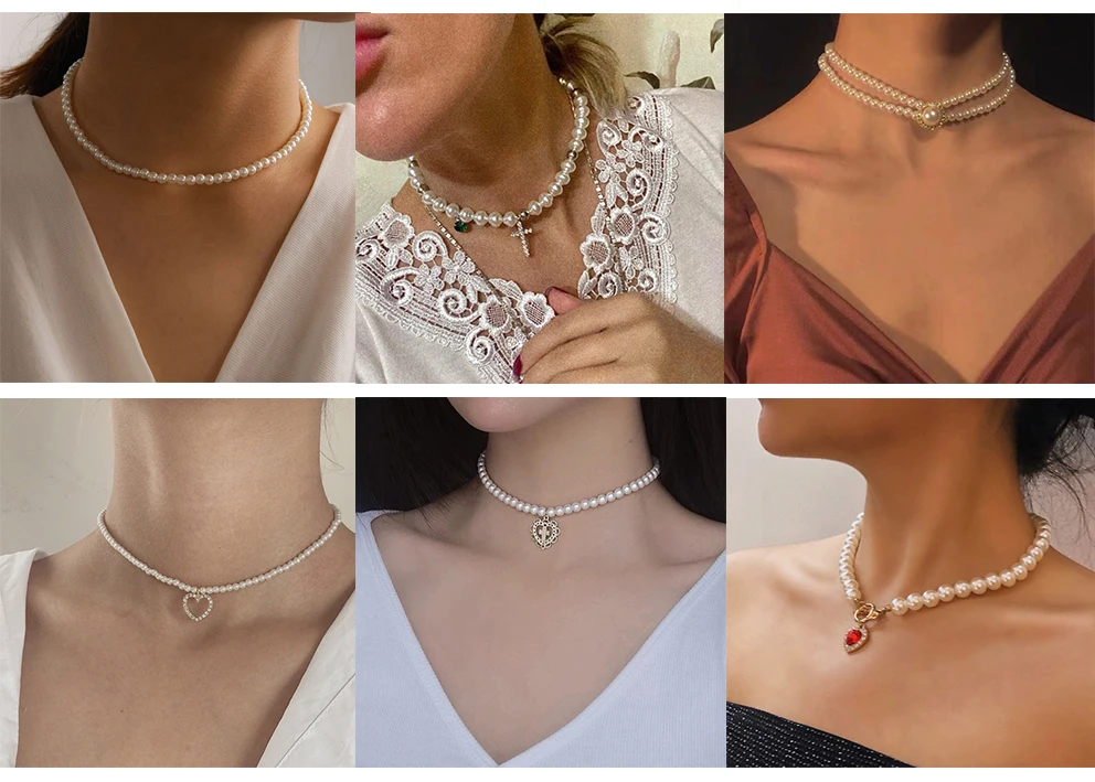 Vintage Pearl Necklace Crystal Cross Rhinestone Pendant Simply Pearl Beads Cross Chokers Necklaces Women Fashion Jewelry