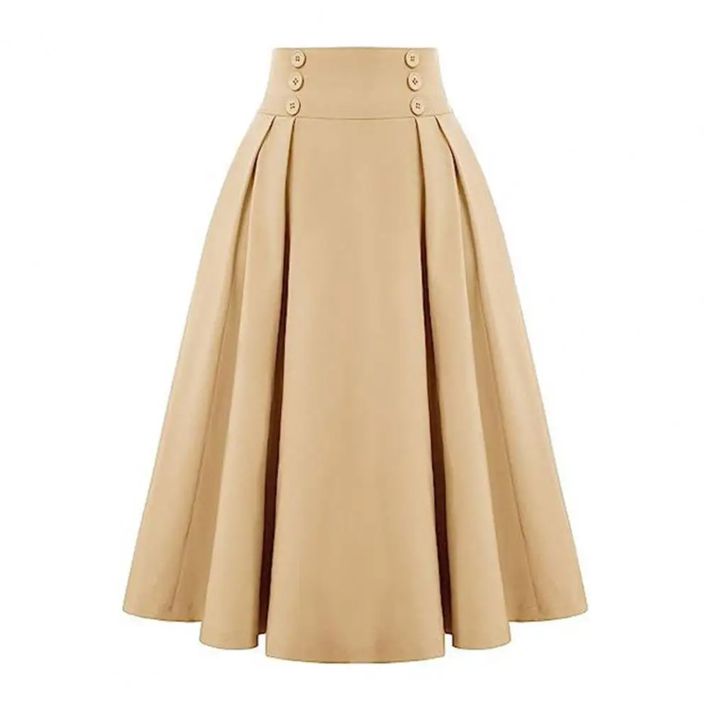 Loose Fit Midi Skirt High Waist A-line Midi Skirt Buttoned Office Lady Workwear with Pockets Solid Color Elegance for Women High
