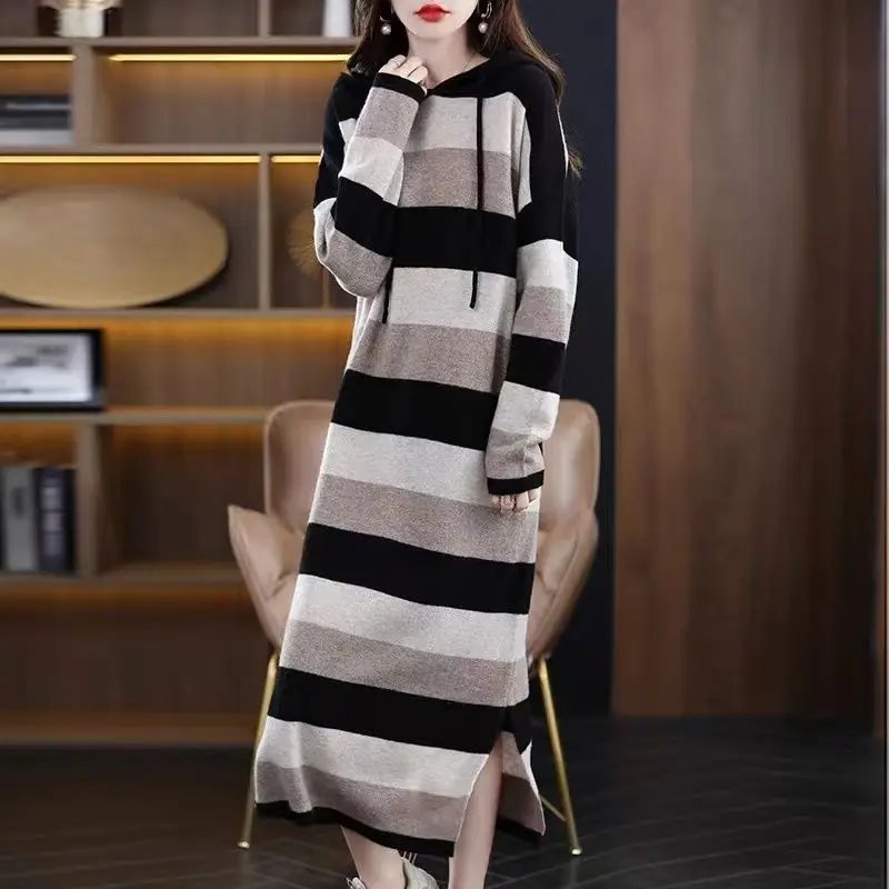 Female Loose Fashion Striped Hooded Knitted Dress 2023 Autumn Winter Women\'s Clothing Korean Elegant Long Sleeve Midi Dresses