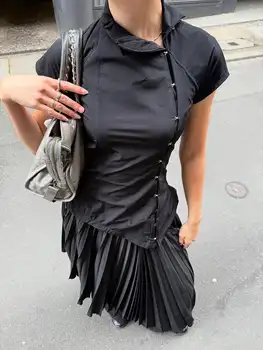 Y2K stand-up collar subculture short-sleeved top street trend slanted front metal buckle dark punk high street women's clothing 1
