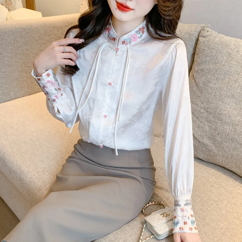 

Шифоновая женская рубашка с вышивкой на весну/лето, свободные блузки в китайском стиле, модная одежда, Женский Топ с длинным рукавом YCMYUNYAN