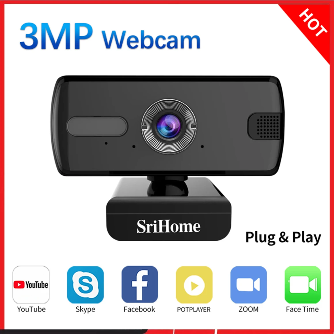 

SrihomeSH004 мини-ПК, USB веб-камера, 3 Мп, настольный ноутбук, видеокамера с микрофоном, USB Plug & Play, для Skype, для проведения конференций и прямых трансляций