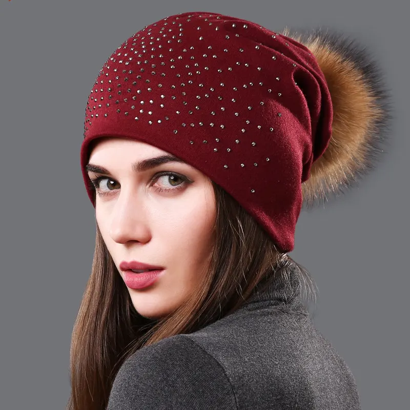 Women's Pompom Beanie Hats Autumn Winter Rhinestones Cotton Slouchy Beanies for Women Ladies Hat With Genuine Raccoon Fur Pompon 3