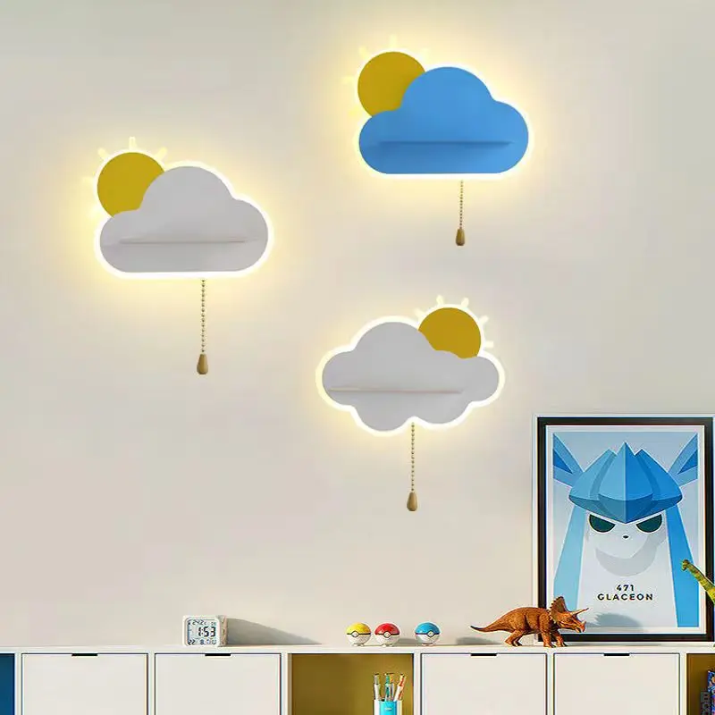 

LED Cloud Sun Wall Light For Boys Girls Bedroom Bedside Pull Switch Creative Cartoon Children's Room Lamp Sconce Home Decora