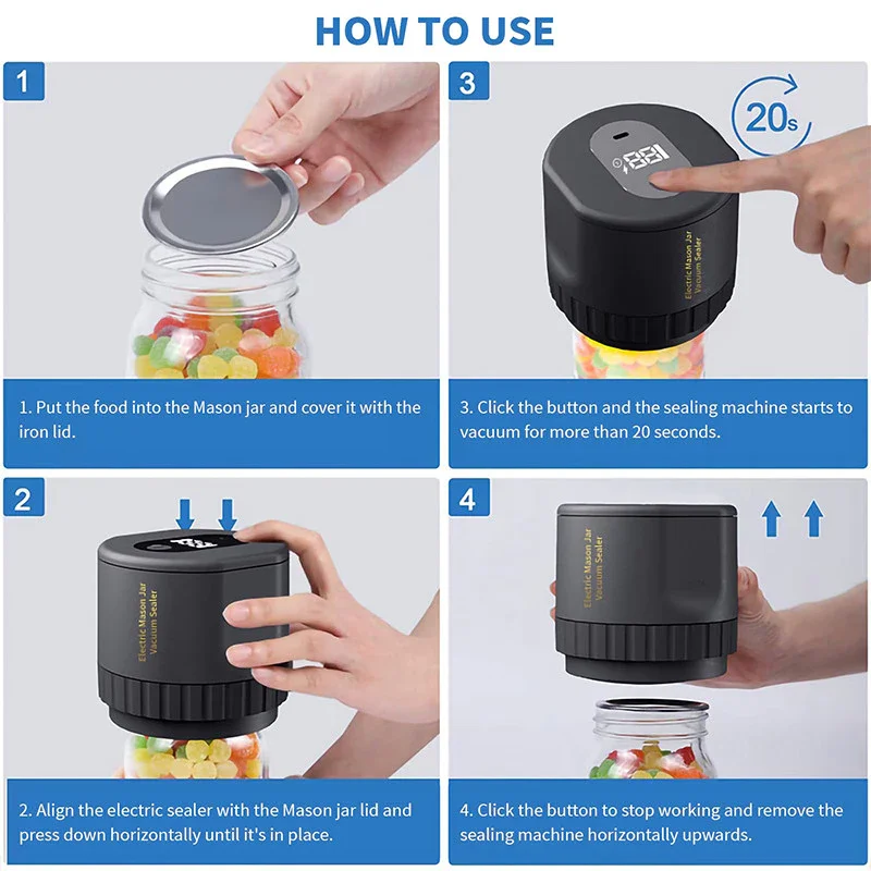 Electric Mason Jar Vacuum Sealer Kit Cordless Automatic Jar Sealer Set for Food Storage and Fermentation with Mason Jar Lids 2