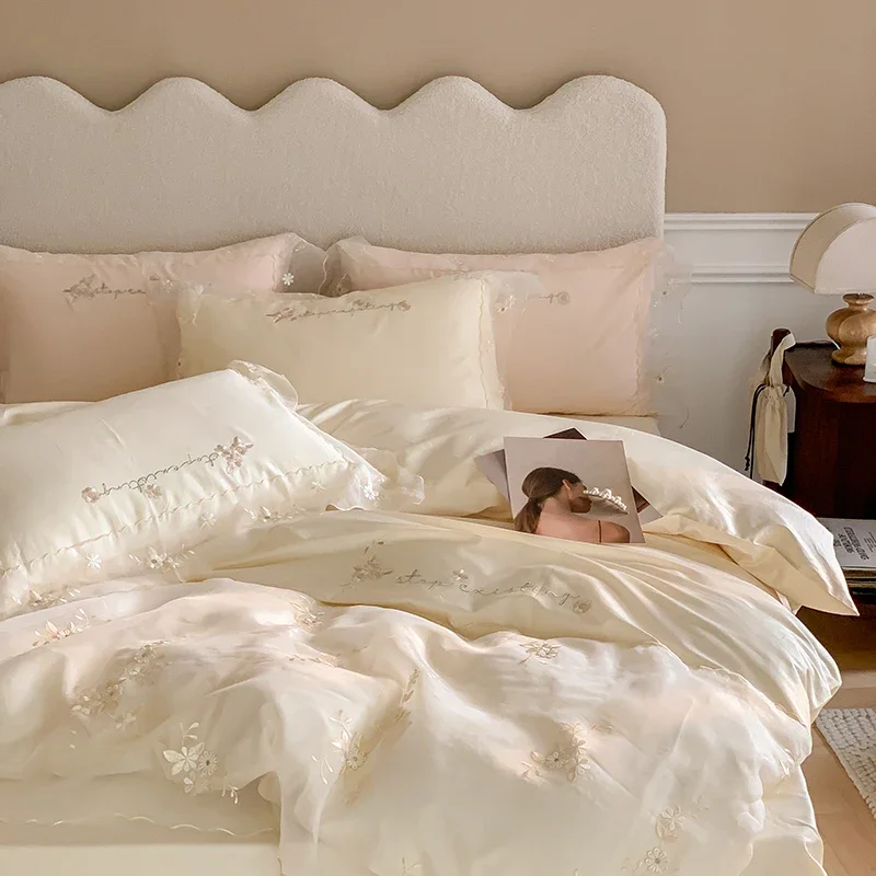 

Champagne Pink 100S Egyptian Cotton Romantic French Wedding Bedding Set Lace Flower Embroidery Duvet Cover Bed Sheet Pillowcase