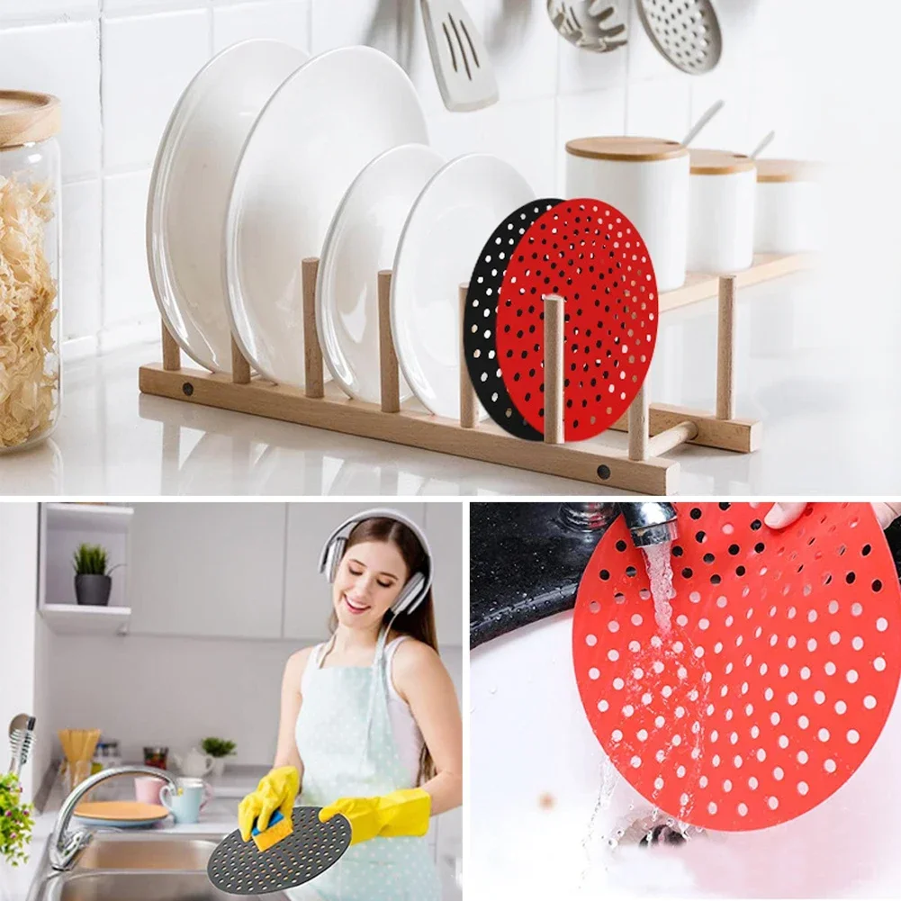 Air Fryer Lined Silicone Pad 8/8.5/9 Inch Square Round Heat-Resistant Non-slip Reusable Pot Mat Kitchen Accessories Gadgets