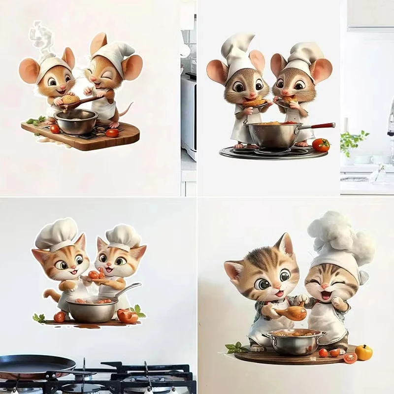 H54Funny Couple Cat Chef Mouse Kitchen Wall Decal Self-Adhesive Gourmet Food Sticker For Living Room Refrigerator Decor