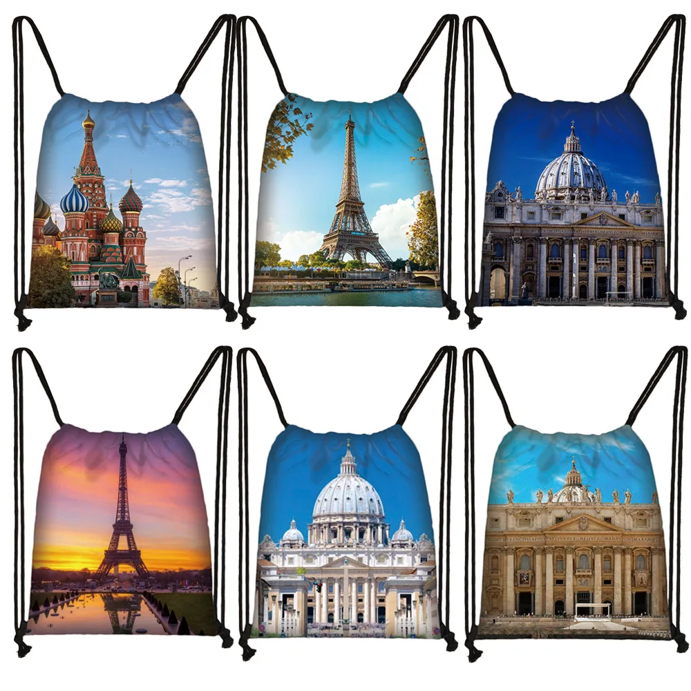 

Eiffel Tower/St. Peter's Basilica Drawstring Bag Saint Vasily Cathedral Women Shoes Holder Small Travel Bags Teenager Backpacks