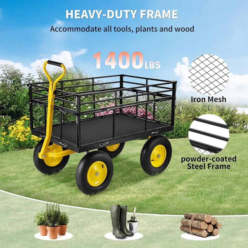 VEVOR Steel Garden Cart, Heavy Duty 1400 lbs Capacity, with Removable Mesh Sides to Convert into Flatbed, Utility Metaln