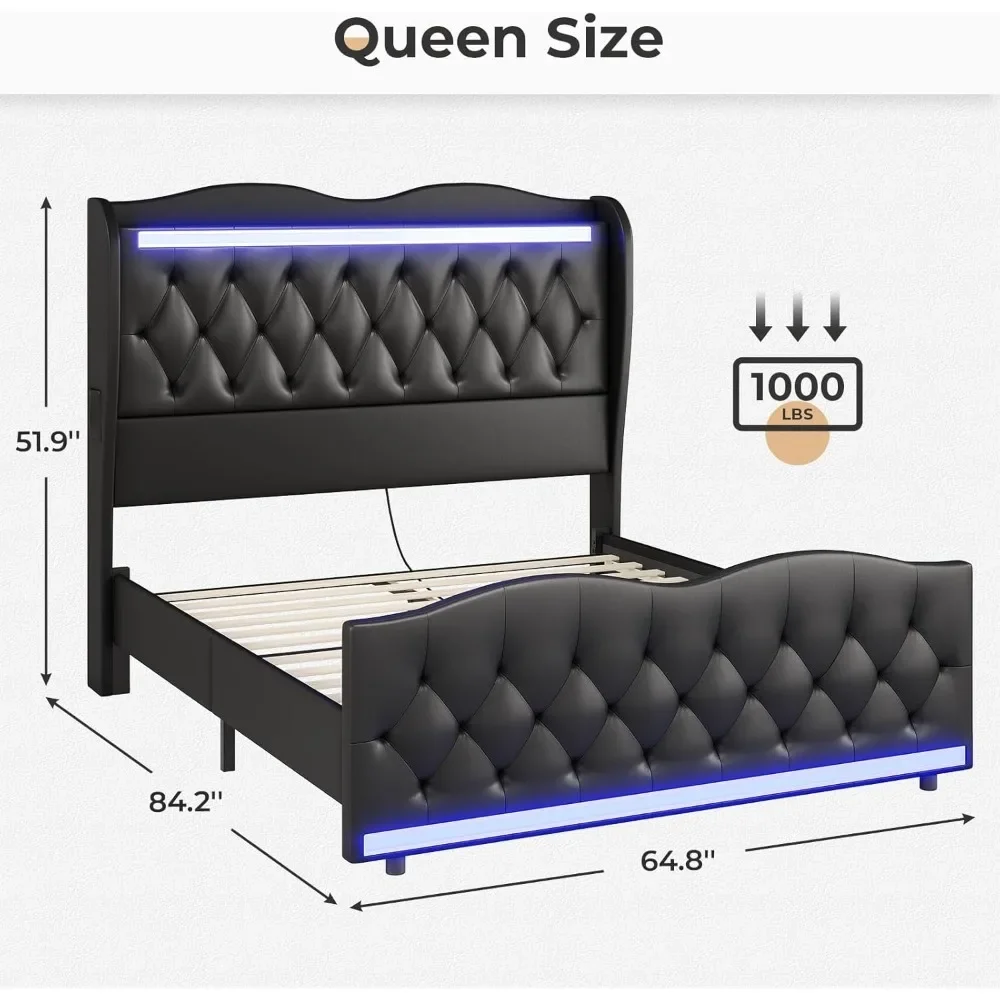 Large Bed Frame with Bed Tail, Charging Station, PU Leather Cushioned Platform, Large Bed with Wing Back Storage Headboard 6