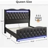 Large Bed Frame with Bed Tail, Charging Station, PU Leather Cushioned Platform, Large Bed with Wing Back Storage Headboard 6