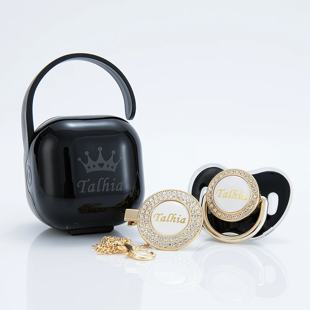 

MIYOCAR personalized any name gold black bling pacifier and clip pacifier box set BPA free dummy Luxury